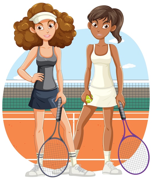 コートにいる 2 人の女子テニス選手