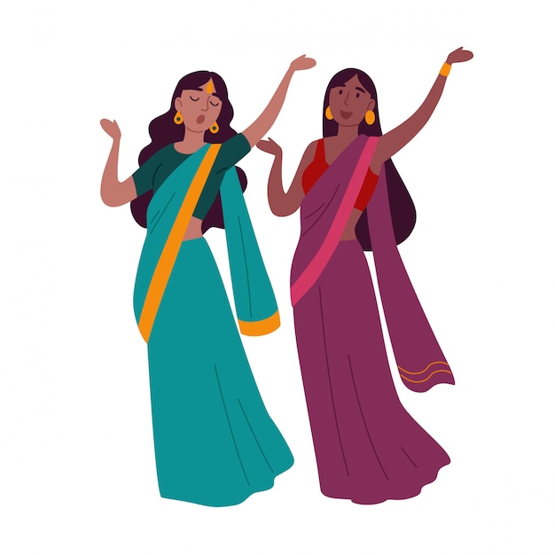 Two women wearing traditional clothing dancing indian dance.