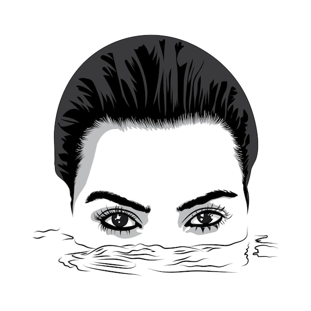 Two wonderful eyes of a beautiful girl peeking out of the water vector illustration in black and white