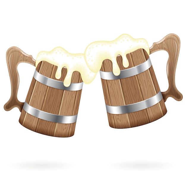 Vector two wooden mugs with beer