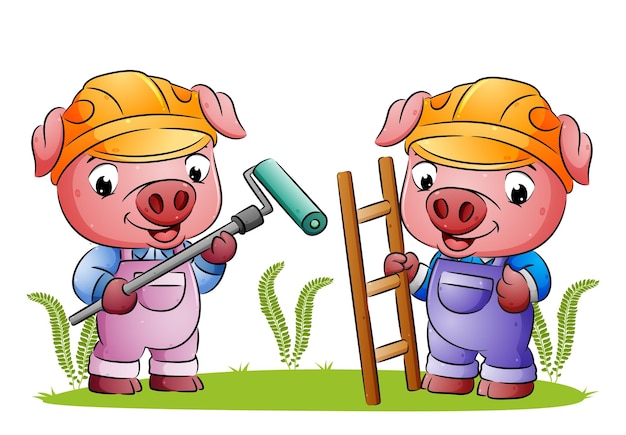 The two worker pigs are holding the roller paint and ladder of illustration