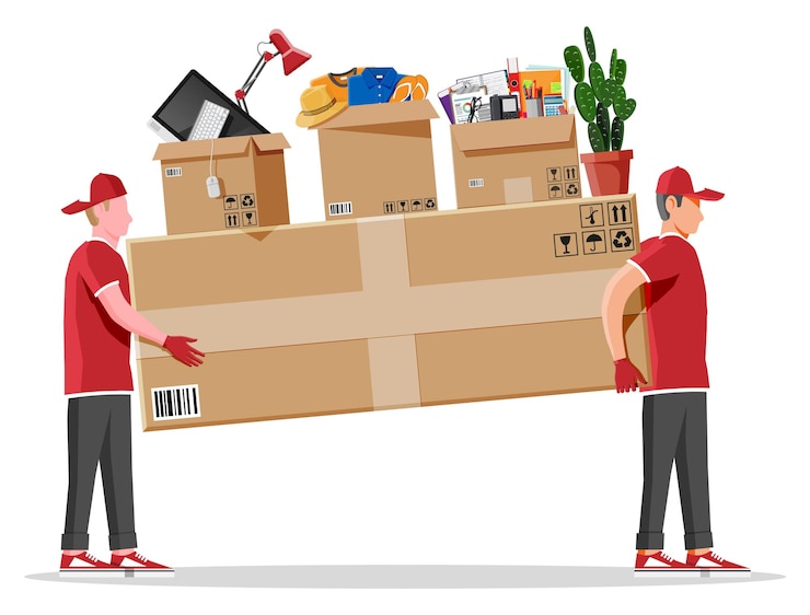 Vector two workers mover man holding and carrying cardboard box