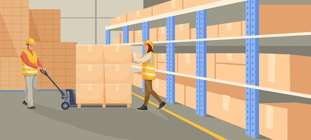 two workers in a warehouse handling packed boxes vector illustration on a light background concept of logistics and supply chain management vector illustration