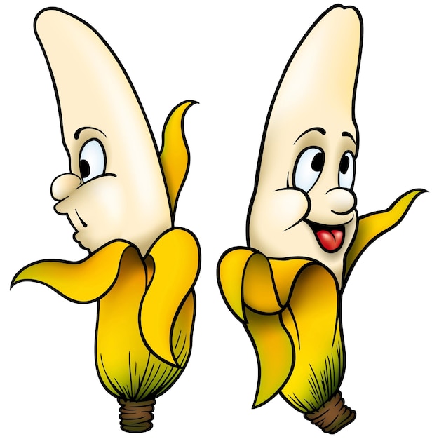 Vector two yellow bananas with faces as colored cartoon illustrations