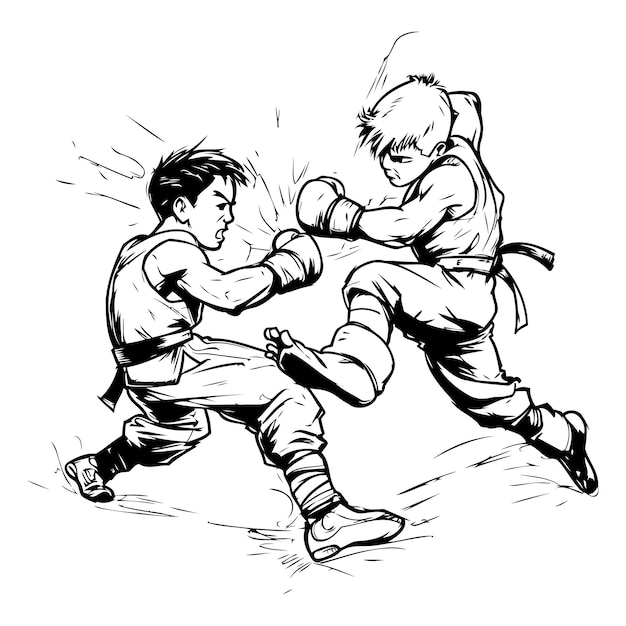 Two young boys boxing sketch vector graphics monochrome illustration on white background