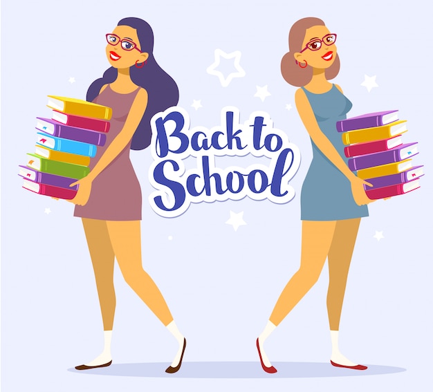 Two young girl full length in dress with colorful pile of books in hands on blue background with text back to school.