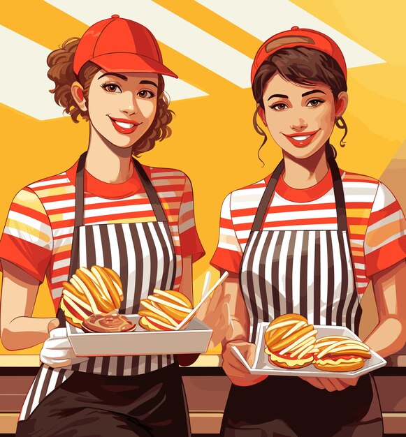 Vector two young girls in aprons hold trays with various appetizing dishes including a hamburger and fries