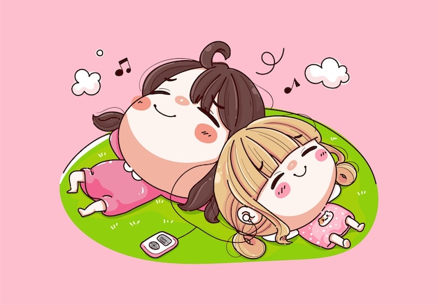 Two young girls lying listening to music and happy day