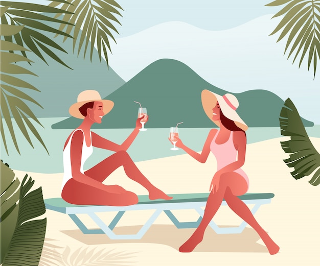 Two young girls in summer hats chatting on beach and drinking cocktails. female characters near the sea.