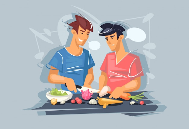 Vector two young guys are cooking. gay couple. healthy diet. healthy vegetarian food.