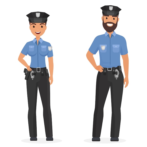 Two young happy police officers, man and woman isolated cartoon illustration