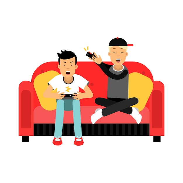 ソファに座って、白い背景で隔離のビデオゲームベクトルイラストを遊んでいる2人の若い男性の友人