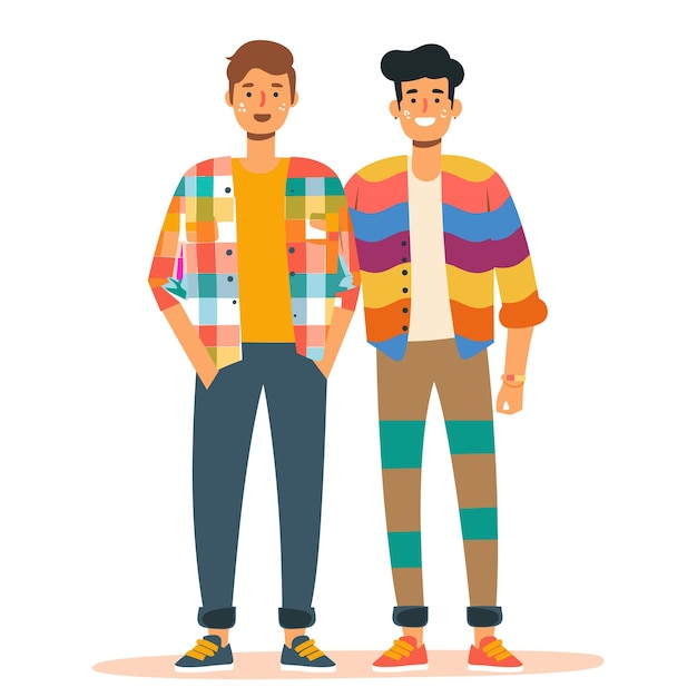 two young men standing together one wearing colorful plaid shirt both smiling casual fashion