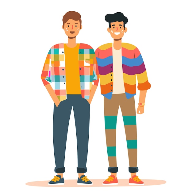 Vector two young men standing together one wearing colorful plaid shirt both smiling casual fashion