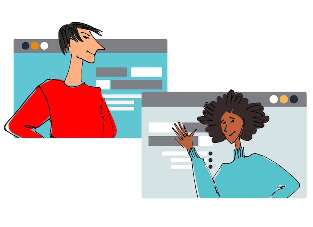 Two young people in front of a computer screen flat style isolated vector element