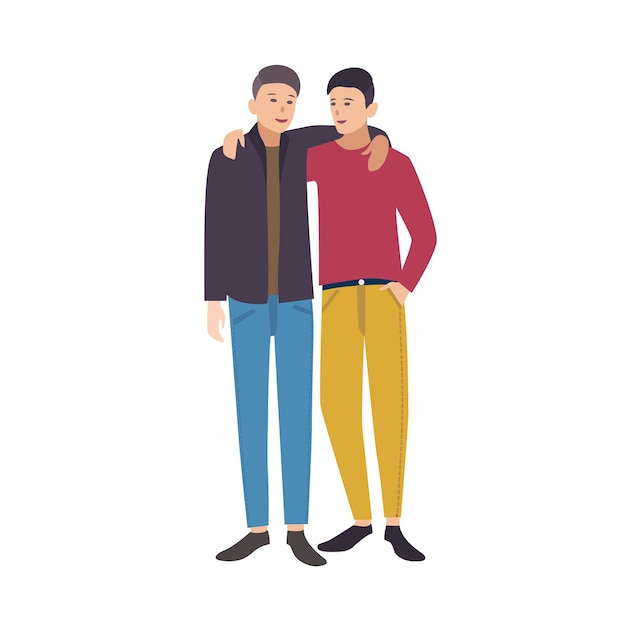 Vector two young stylish men standing together, looking at each other and embracing. pair of close friends. male cartoon characters isolated on white background. colored vector illustration in flat style.
