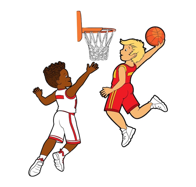 Two young teenage basketball players throw the ball into a basketball basket Vector  cartoon