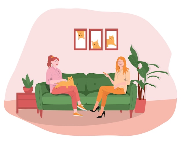 Two young women are sitting on the couch with cat