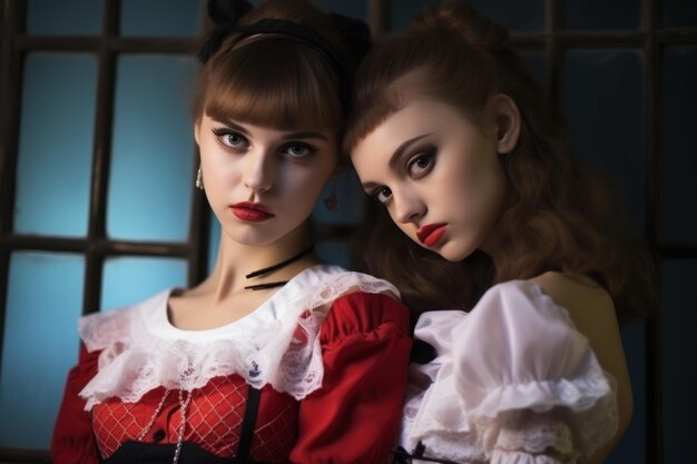 Vector two young women dressed in gothic clothing posing for the camera