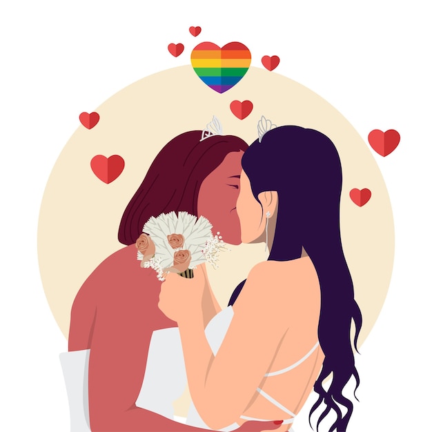 Vector two young women lesbian couple kissing