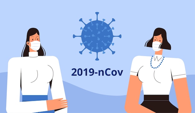 Due giovani donne con maschere mediche stanno in piedi e guardano il nuovo coronavirus 2019-ncov. concetto di controllo dei virus covid-2019. piatto