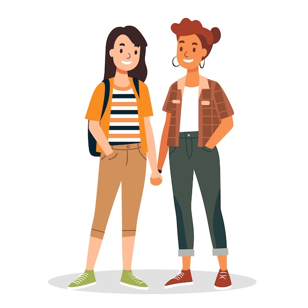 Vector two young women standing together smiling one holds backpack friendship concept female friends