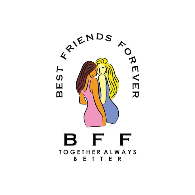 two young women teenager girls hug and laughing group colorful best friend forever outline line art