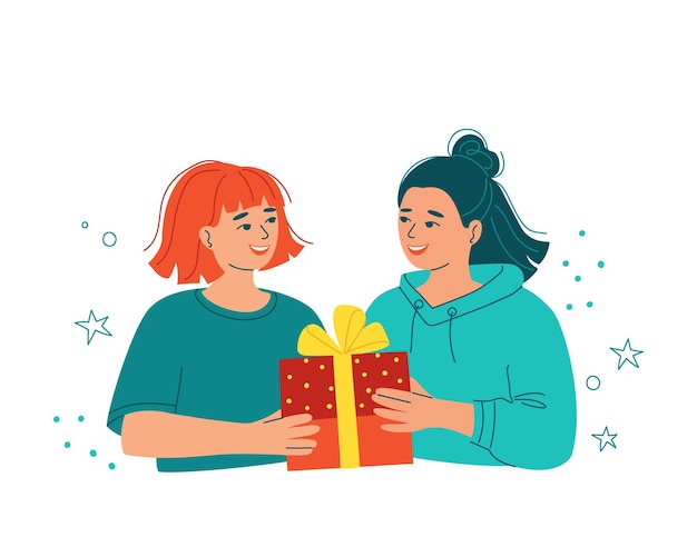 Vector two young women with a gift box.