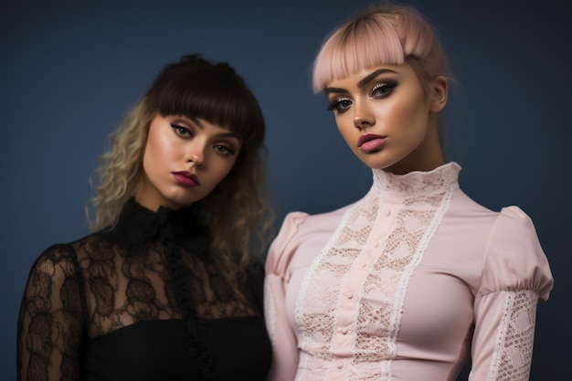 two young women with pink hair posing for the camera