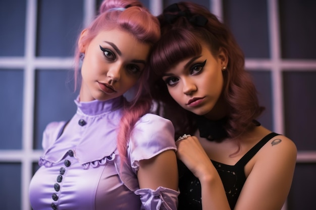 two young women with pink hair posing for the camera
