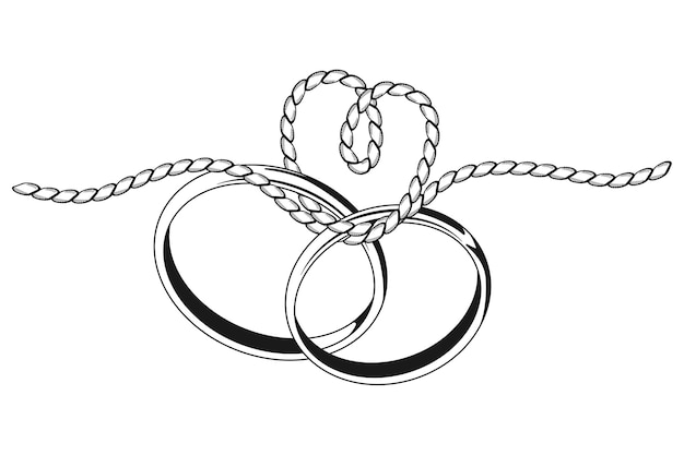 흰색 배경에 고립 된 두 개의 반지와 로프 매듭 결혼식 검은 실루엣을 묶는