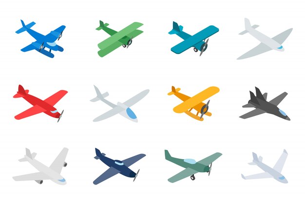 Type of plane icon set on white background