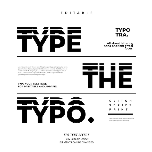 Vector type the typo glitch black series stacked text effect editable premium vector