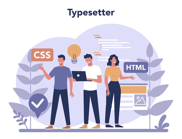 Typersetter 개념. 웹 사이트 구축. 웹 사이트 제작, 코딩, 프로그래밍, 인터페이스 구축 및 콘텐츠 제작 과정.