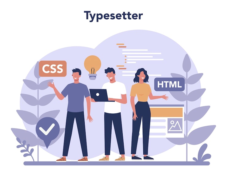 Vector typersetter concept. website constructing. process of creating website, coding, programming, constructing interface and creating content.