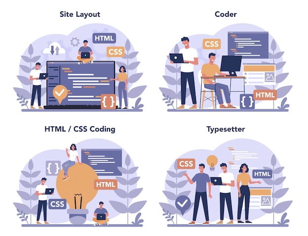 Typersetter conceptreeks. Website bouwen. Proces van het maken van een website, codering, programmeren, bouwen van interface en het maken van inhoud. Geïsoleerde vectorillustratie