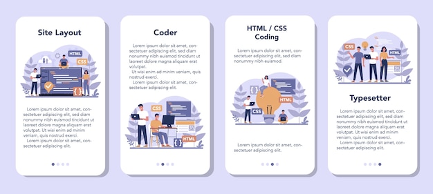 Typersetter mobiele applicatie banner set. Website bouwen. Proces van het maken van een website, codering, programmeren, bouwen van interface en het maken van inhoud. Geïsoleerde vectorillustratie