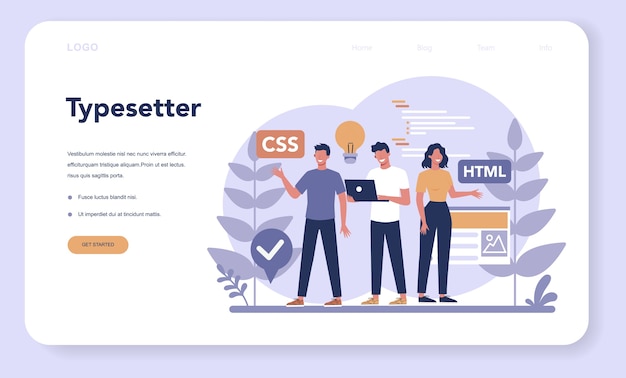 Typersetter 웹 랜딩 페이지. 웹 사이트 구축. 웹 사이트 제작, 코딩, 프로그래밍, 인터페이스 구축 및 콘텐츠 제작 과정. 격리 된 벡터 일러스트 레이 션