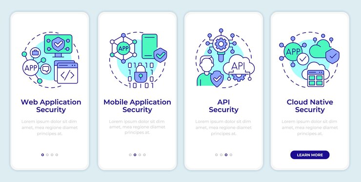 Vector types of application security onboarding mobile app screen