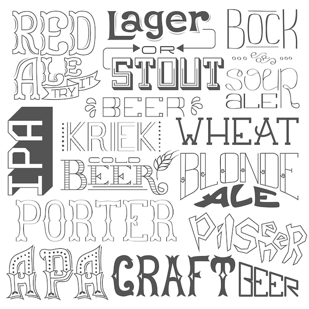 Types of beer. hand drawn lettering for bar, pub, cafe, fest and party.