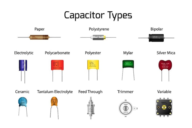 Types of capacitors realistic isolated.