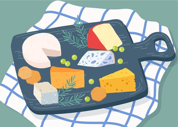 Types of cheese on wooden board illustration