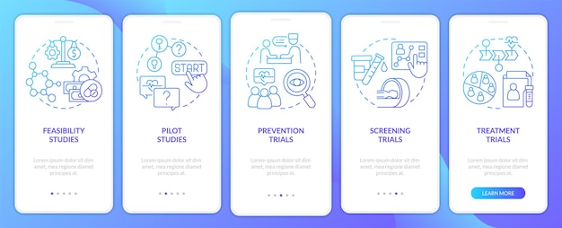 Types of clinical studies blue gradient onboarding mobile app screen walkthrough 5 steps graphic instructions pages with linear concepts ui ux gui template myriad probold regular fonts used