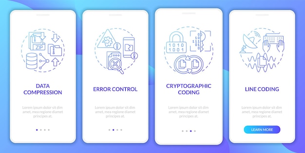 Types of coding blue gradient onboarding mobile app screen system walkthrough 5 steps graphic instructions pages with linear concepts ui ux gui template myriad probold regular fonts used