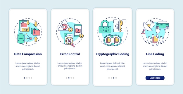 Types of coding onboarding mobile app screen. Software walkthrough 5 steps graphic instructions pages with linear concepts. UI, UX, GUI template. Myriad Pro-Bold, Regular fonts used