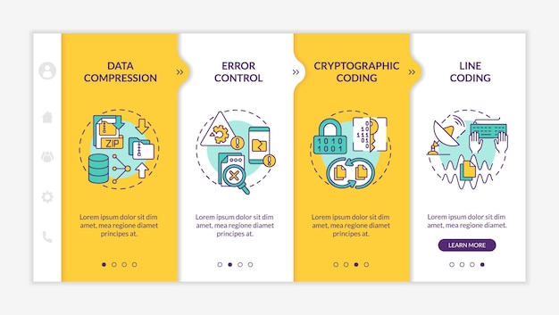 types of coding yellow onboarding template programming software responsive mobile website with linear concept icons web page walkthrough 4 step screens latobold regular fonts used