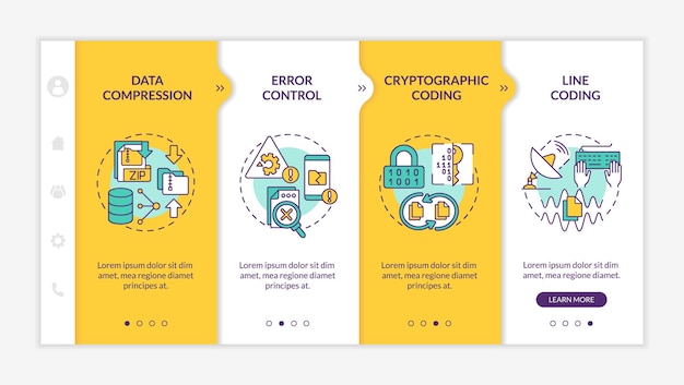 Types of coding yellow onboarding template Programming software Responsive mobile website with linear concept icons Web page walkthrough 4 step screens LatoBold Regular fonts used