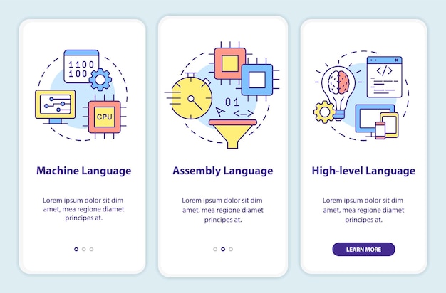 Types of computer languages onboarding mobile app screen