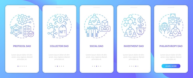 Tipi di schermata dell'app mobile di onboarding con gradiente blu dao