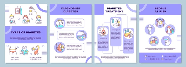 Tipi di modello di brochure sul diabete. diagnosi di malattia. volantino, opuscolo, stampa di volantini, copertina con icone lineari.